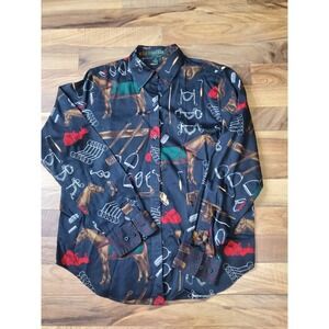 Lauren Ralph Lauren Women Black Bridle Equestrian Horse Button Down Shirt Sz Med